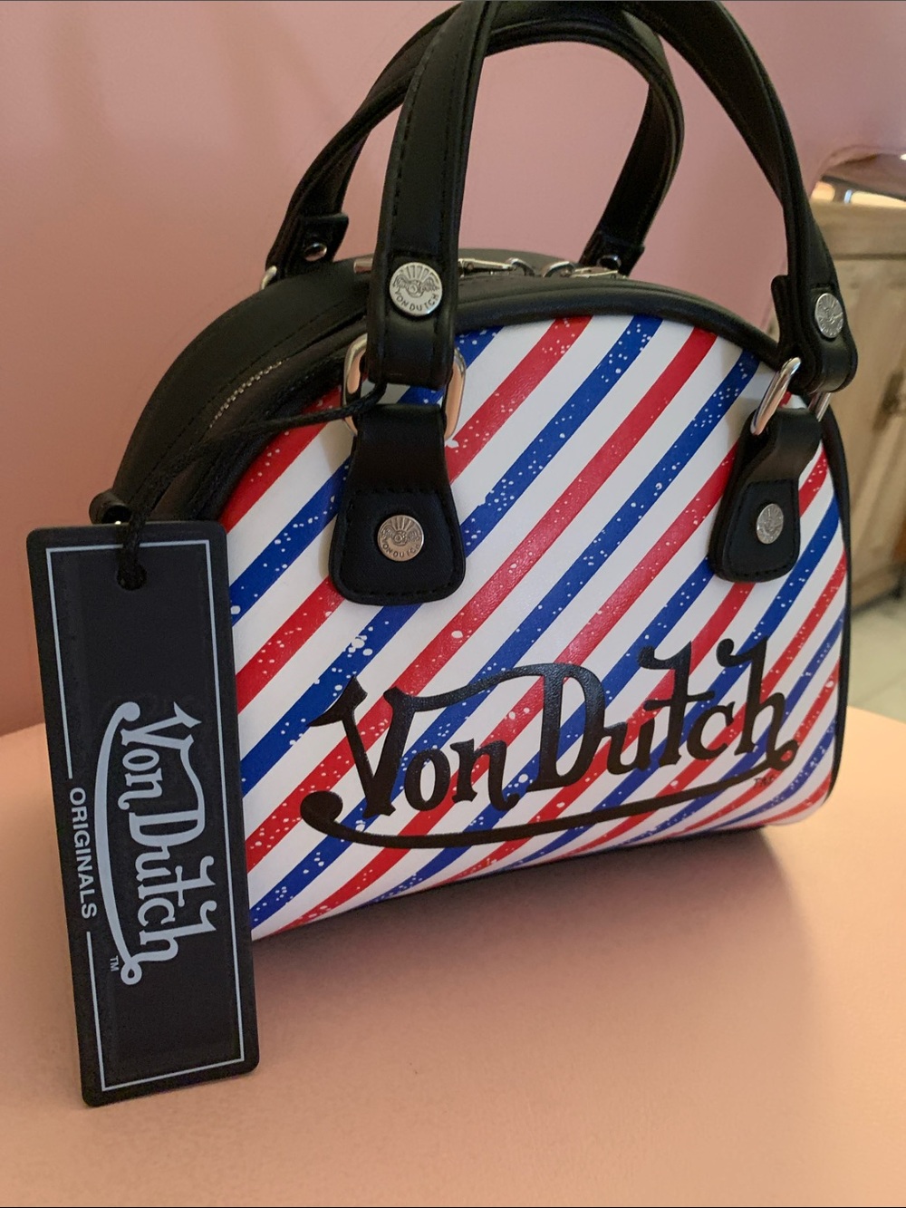 Von Dutch Red White Blue Striped Mini Dome Bag - Picture 2 of 8